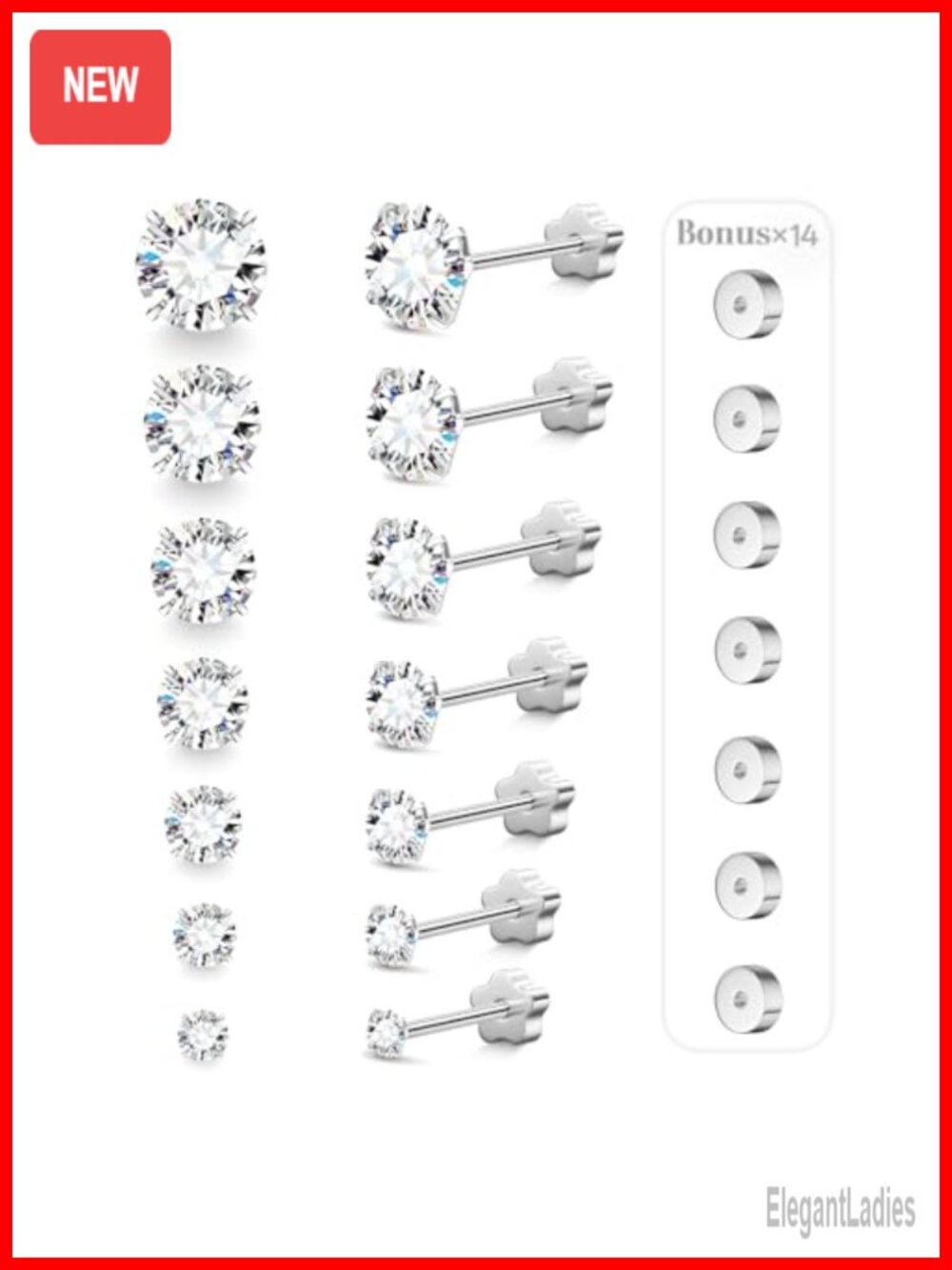 20G Flat Back Stud Earrings Hypoallergenic Surgical Steel Cubic Zirconia Set